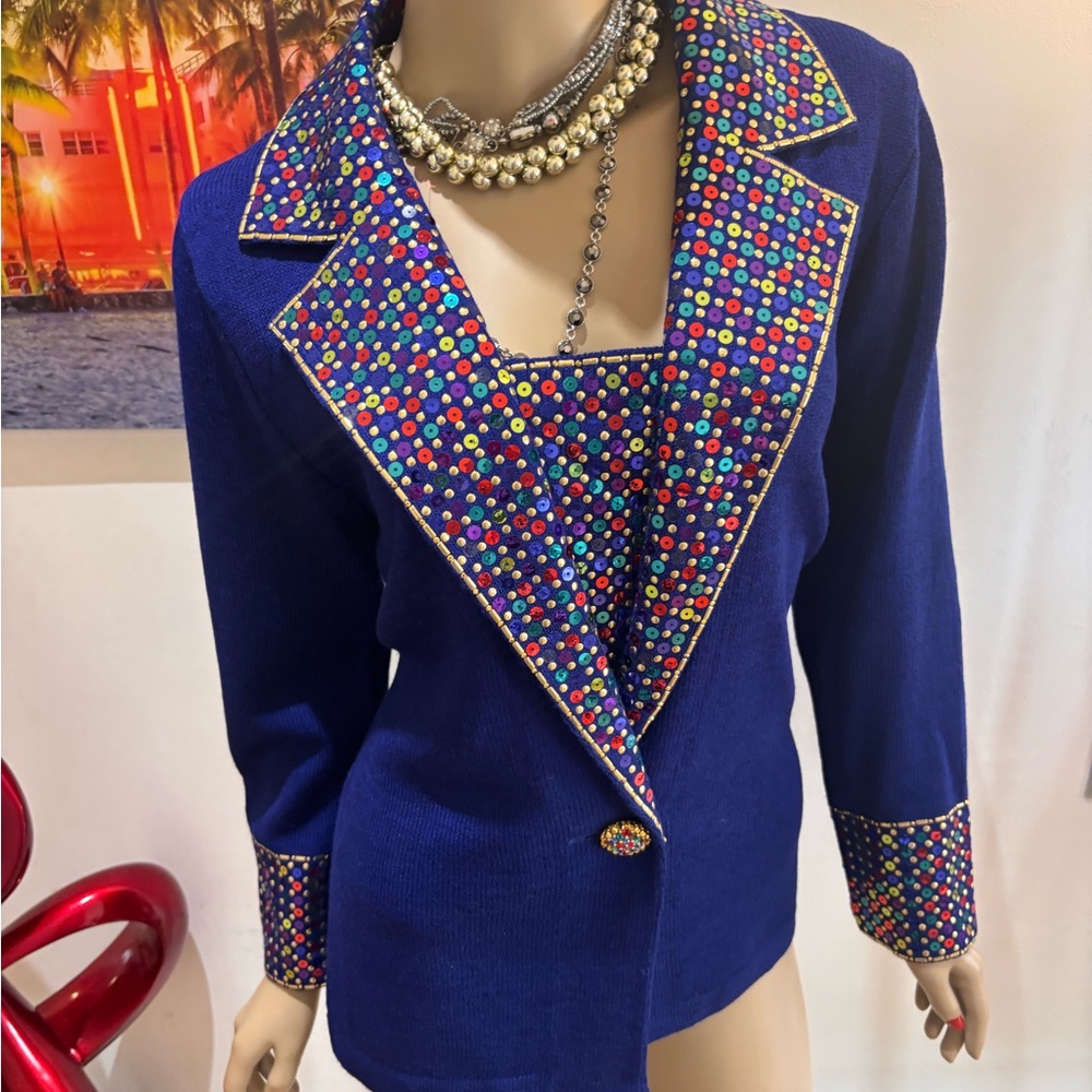 St. John royal blue multi  Blazer with Multicolor Sequin Trim paillettes 12 L - Picture 4 of 8